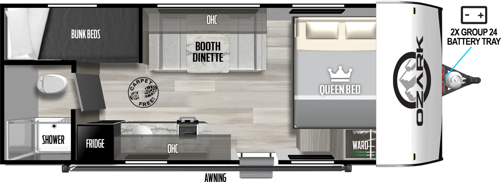 The 1620BHLE has zero slideouts and one entry. Exterior features 2X group 24 battery tray, and awning. Interior layout front to back: side-facing queen bed with wardrobe on the door side; off-door side booth dinette with overhead cabinet; door side entry, kitchen counter with sink, overhead cabinet, cooktop, and refrigerator; rear off-door side bunk beds; rear door side bathroom with toilet and shower only. Carpet Free Interior.